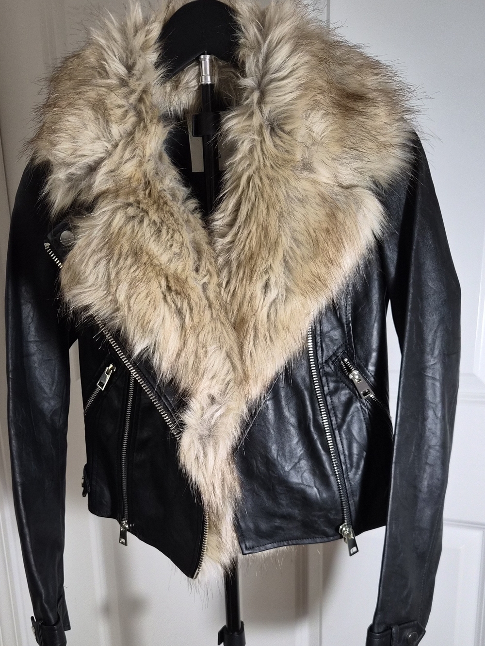 River Island Black Faux Leather Jacket with Beige Faux Fur Collar